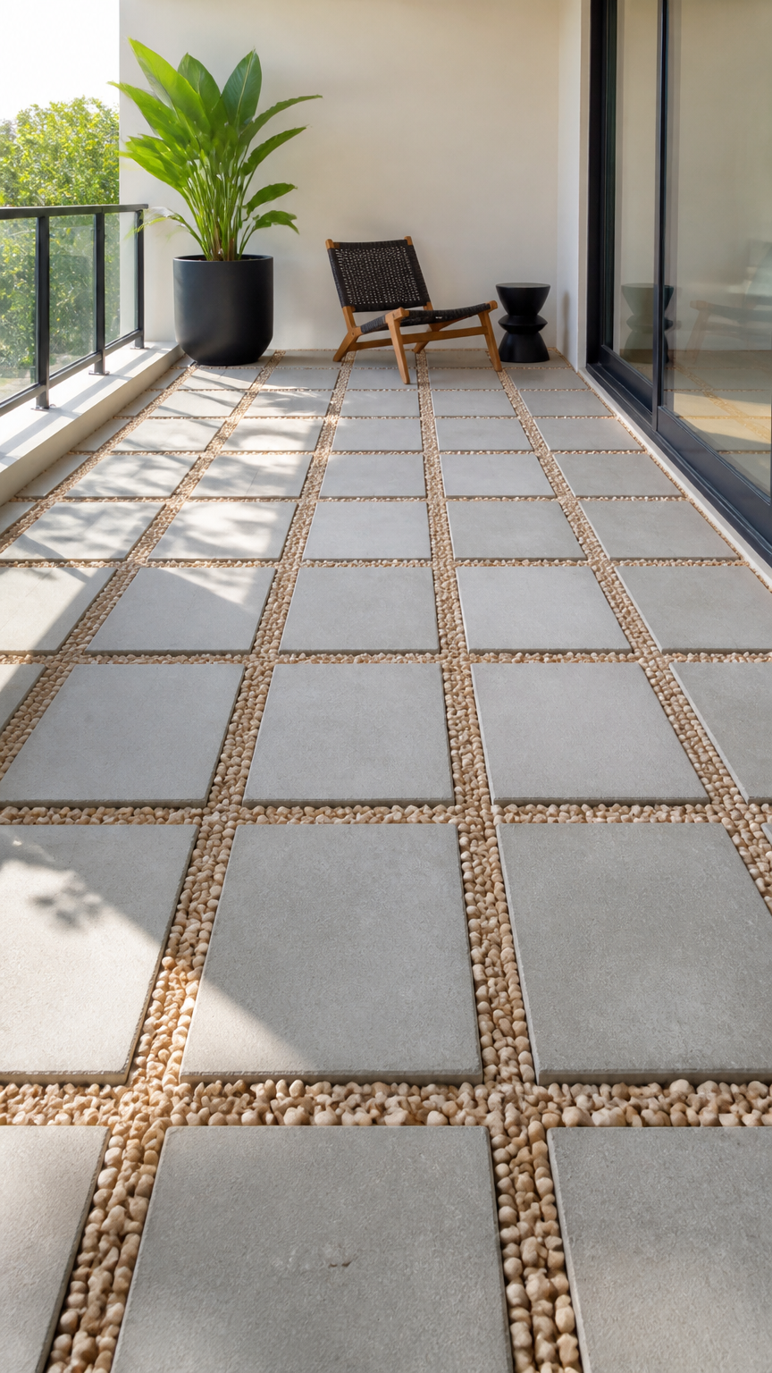 Small gray concrete pavers spaced apart with light tan pea gravel filling the gaps on a modern balcony floor, bright...