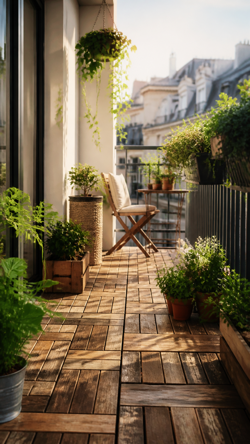 Upcycled wooden shipping pallets taken apart and arranged as a rustic deck floor on a cozy city balcony, warm sunligh...