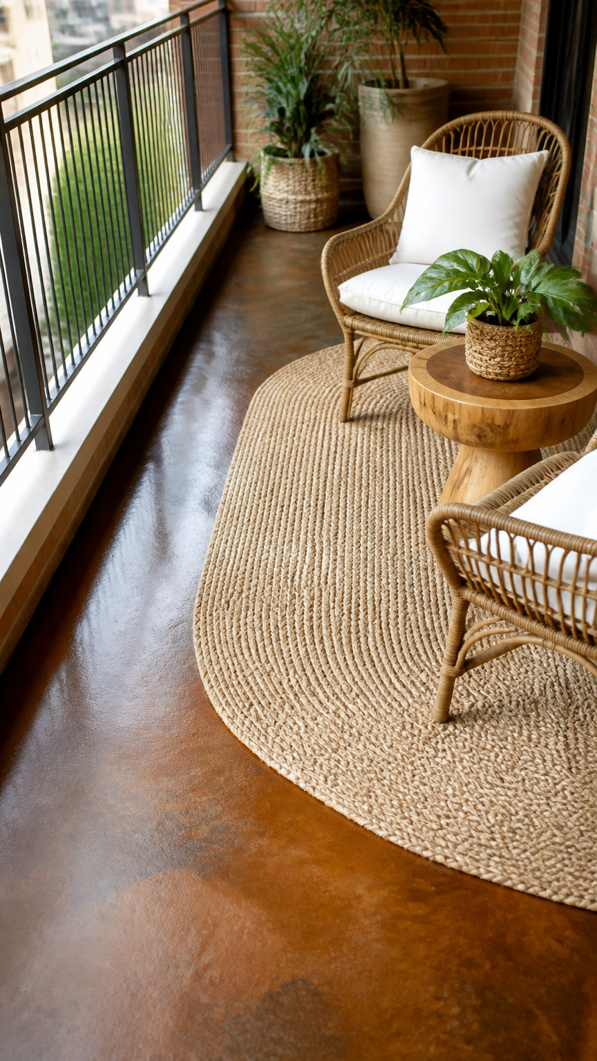 Polished and stained brown concrete balcony floor partially covered by a cream-colored braided jute rug, natural dayl...
