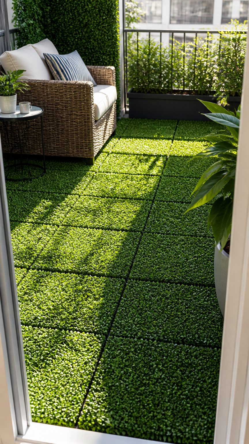 Interlocking artificial green boxwood hedge panels used as an unusual, lush green flooring texture on a small balcony...