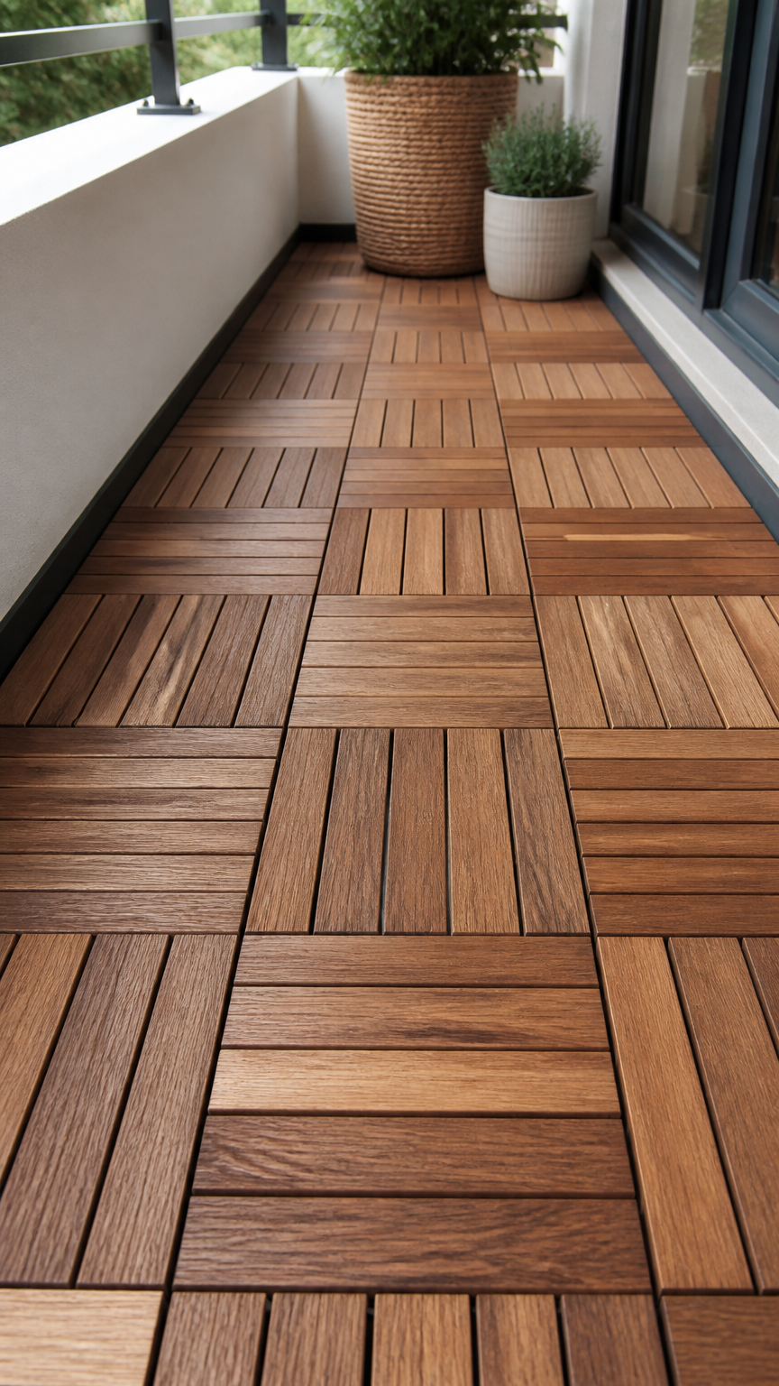 Close-up photograph taken with a DSLR camera of interlocking acacia wood deck tiles on a narrow apartment balcony, sh...