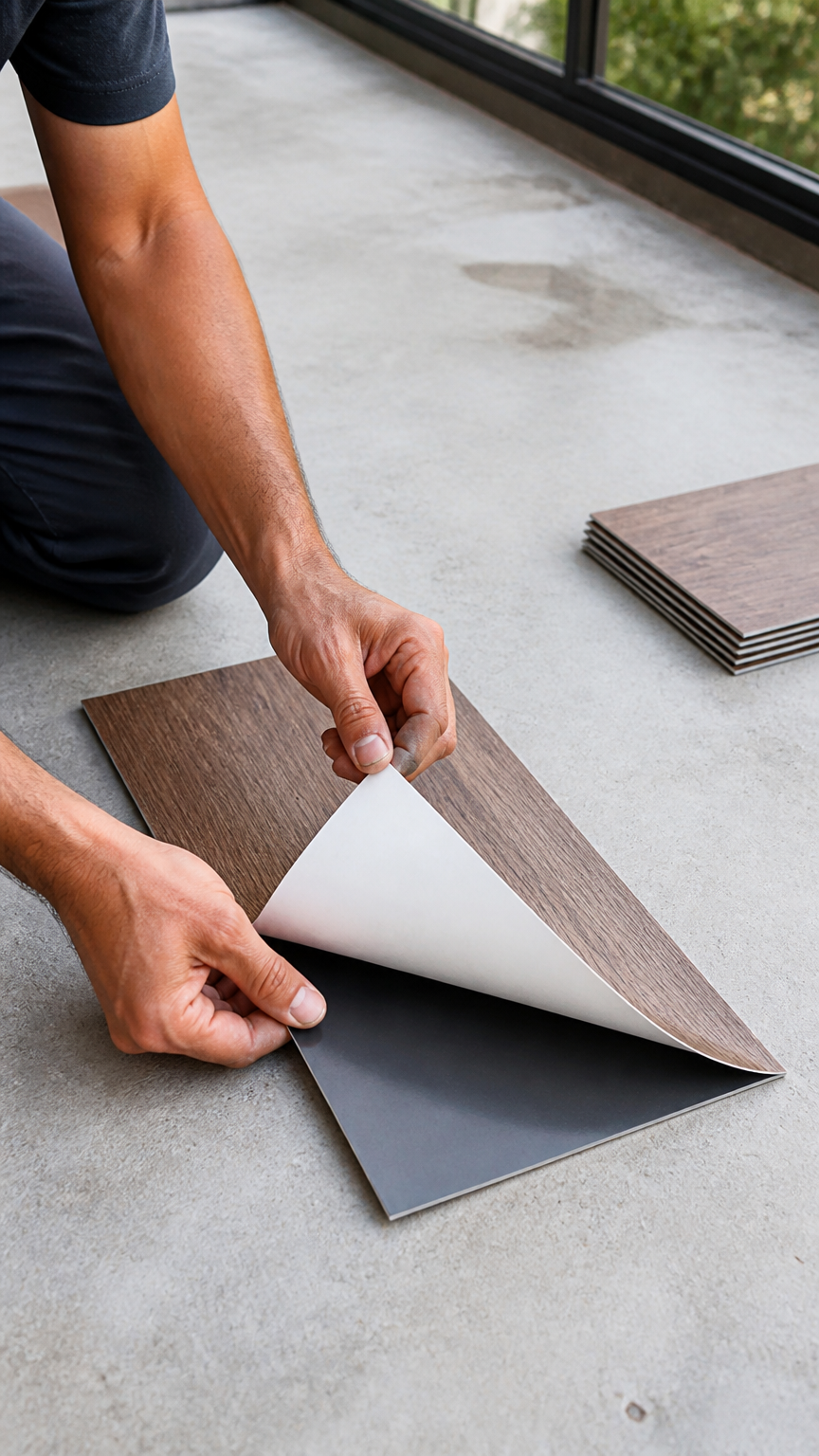 Photograph of a person's hands peeling the backing off a self-adhesive vinyl wood-plank flooring tile on a clean...