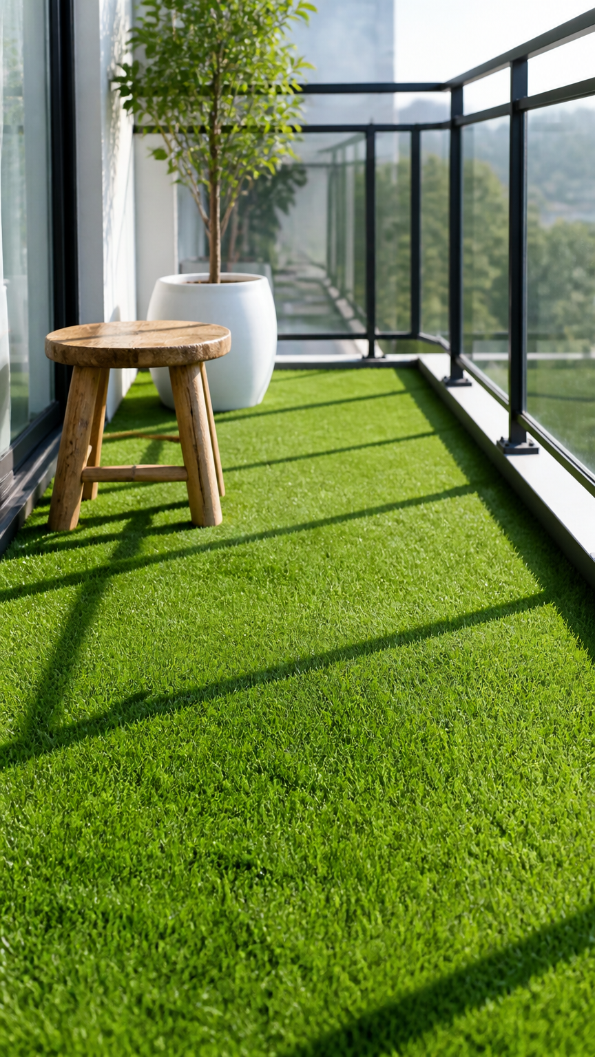 A bright balcony floor covered in lush green artificial turf grass, featuring a small white planter and a wooden stoo...
