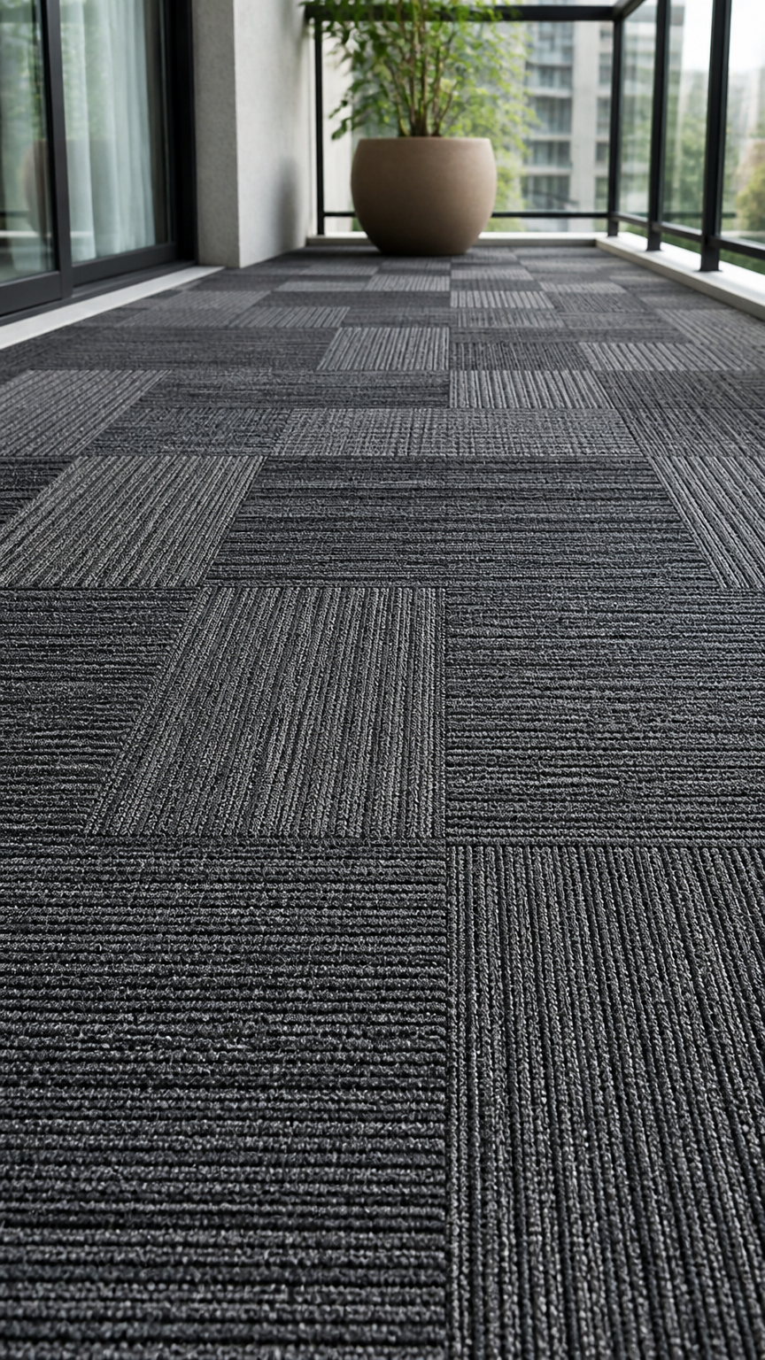 A close-up shot of modular gray carpet tiles laid out in a neat checkerboard pattern on an apartment balcony, crisp d...