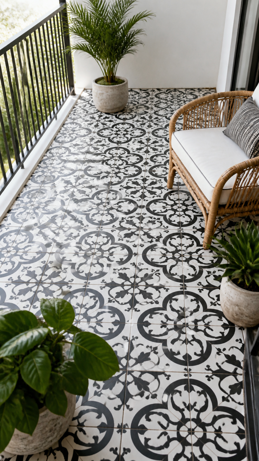 A high-angle photograph of a painted concrete balcony floor featuring a bold black and white Moroccan tile stencil pa...