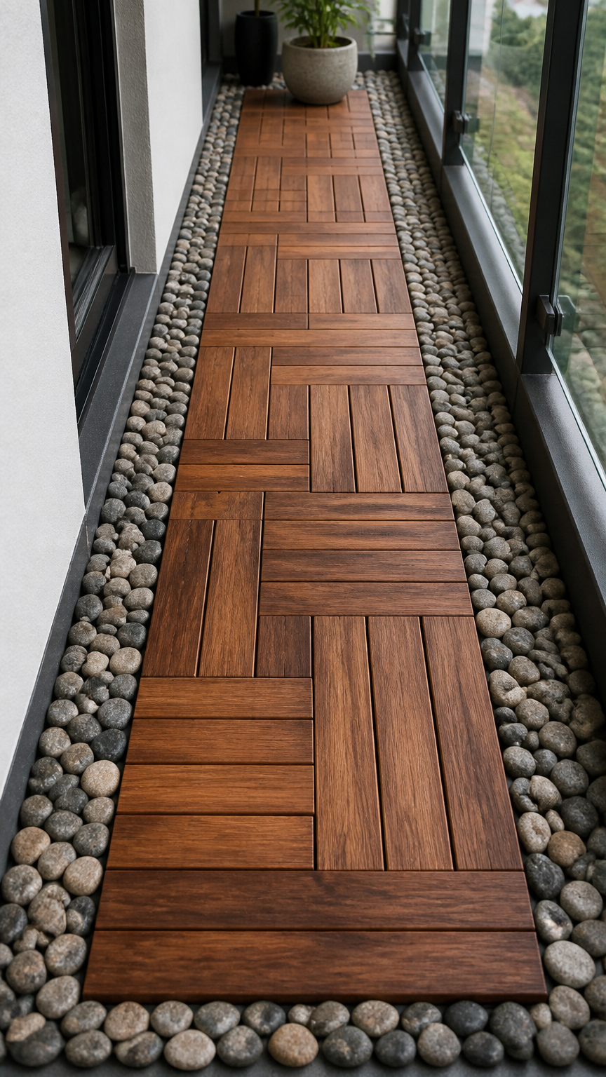 A narrow balcony floor featuring a central wood mat bordered by smooth, rounded gray and beige river rocks, captured...