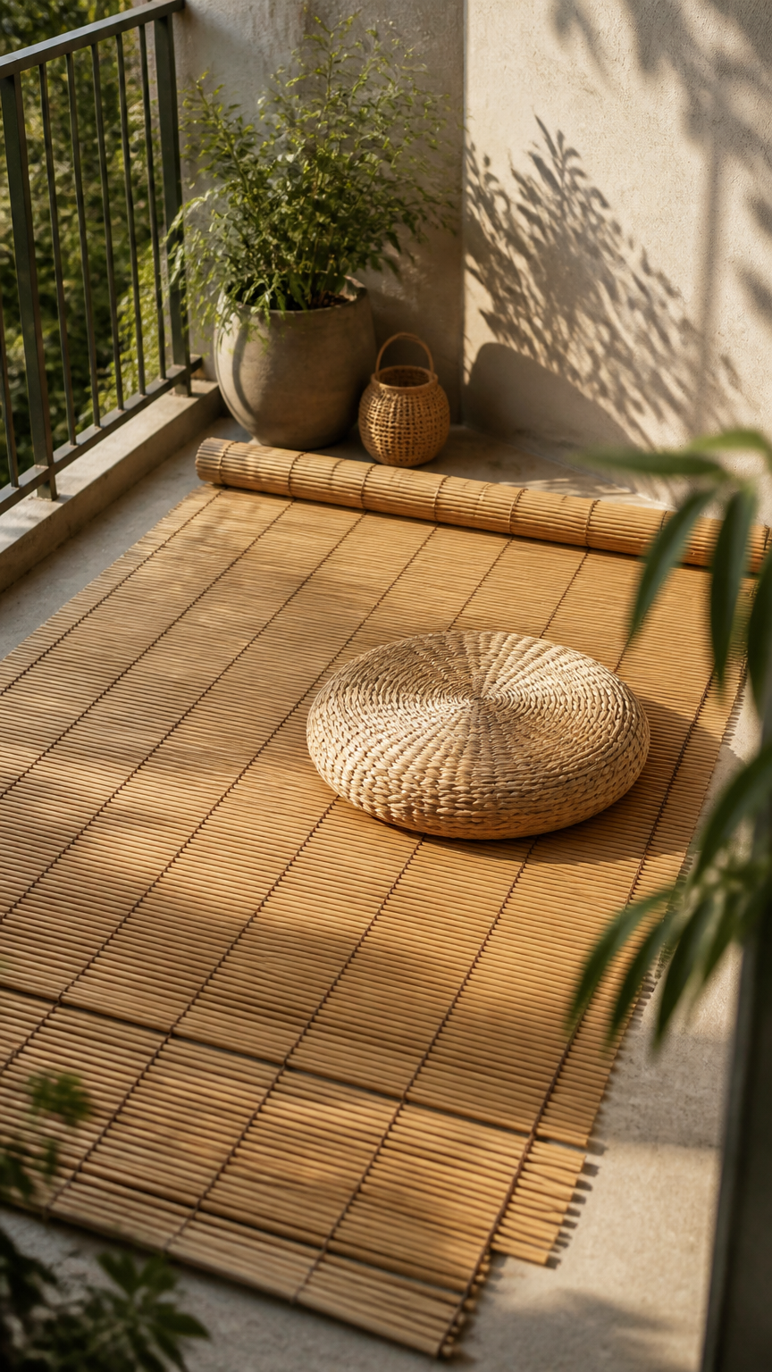 A roll-out natural bamboo slat mat covering a small concrete balcony floor, paired with a low woven floor cushion, wa...