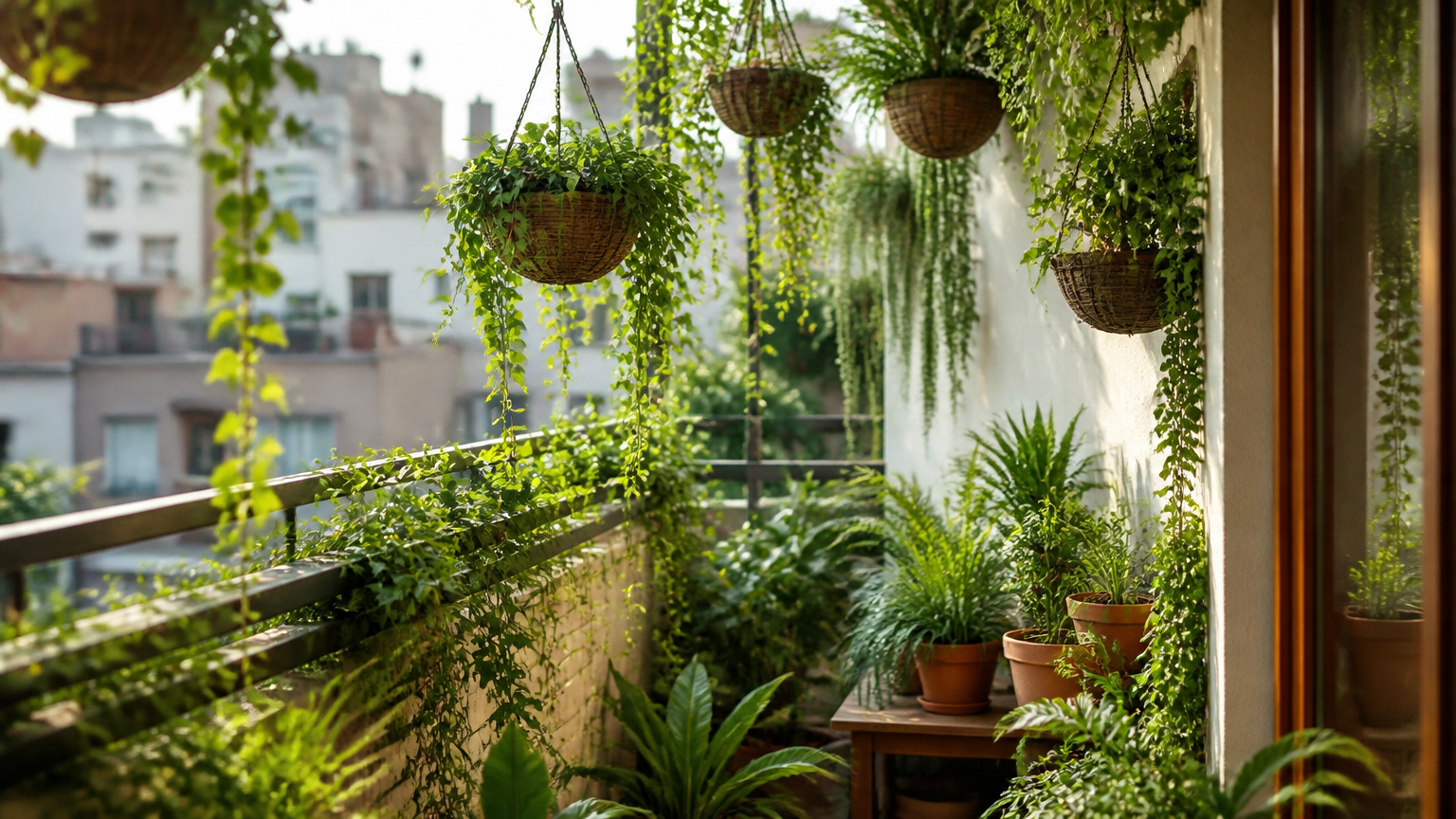 A sunlit apartment balcony filled with suspended foliage and hanging baskets
