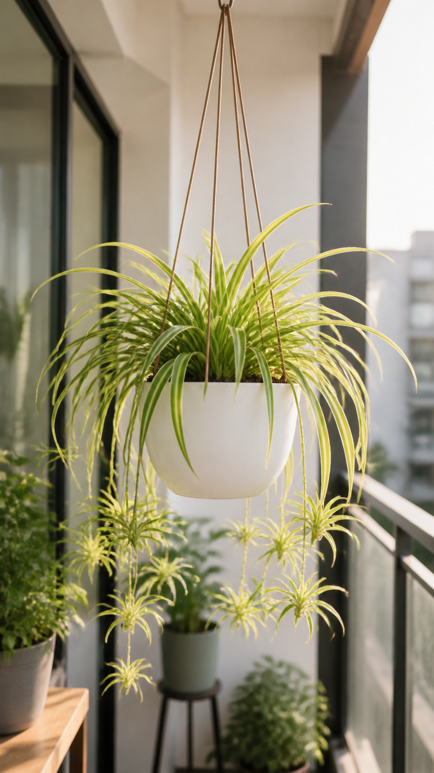 Arching spider plant in a matte white ceramic hanging bowl suspended on a clean balcony