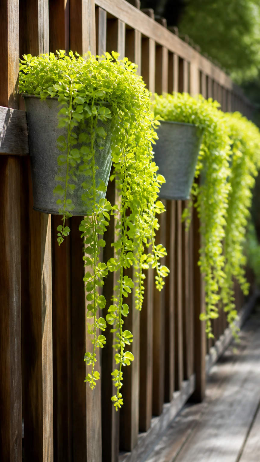 Bright yellow-green Creeping Jenny trailing downward from rustic galvanized metal buckets hanging along a wooden balc...
