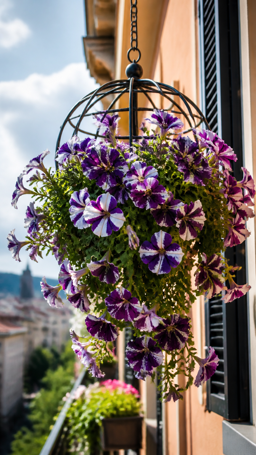 Deep purple and white wave petunias cascading out of an open wire sphere hanging basket on an urban balcony