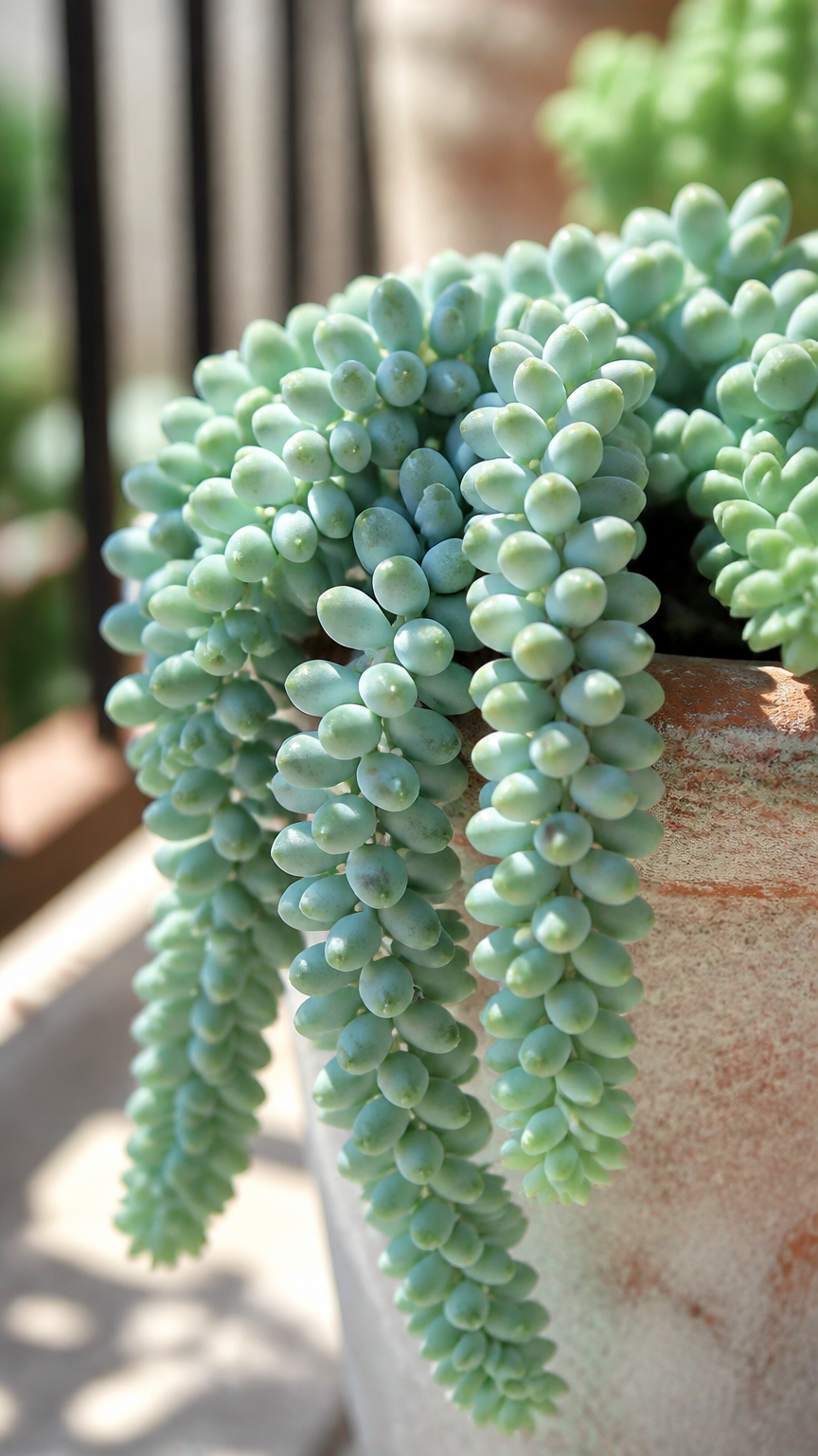 Thick, chunky stems of Burro's Tail succulent hanging over the edges of a weathered clay pot on an outdoor sunlit...