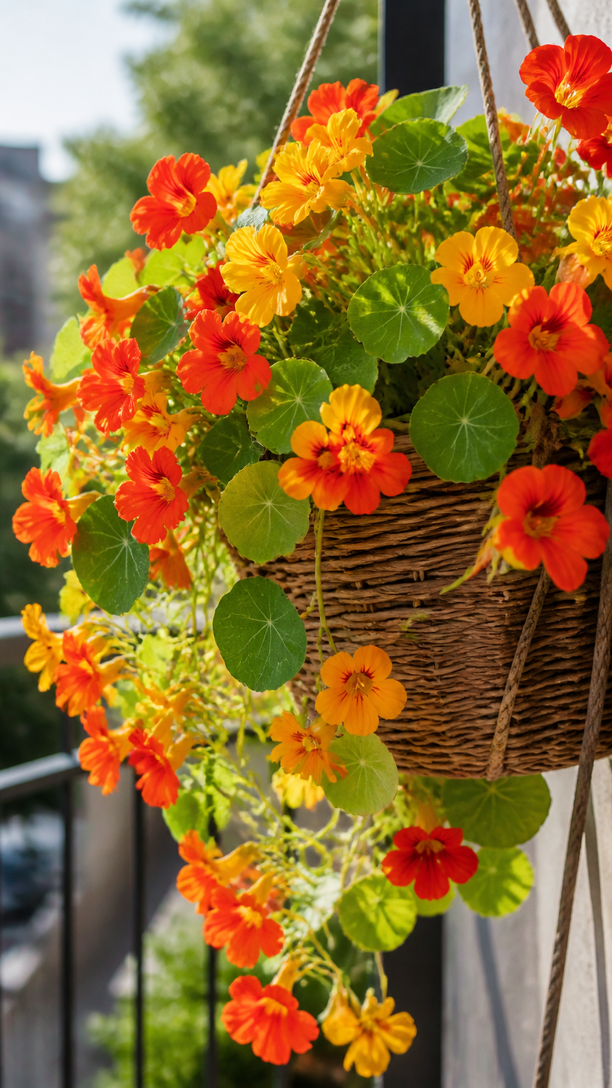 Bright edible nasturtium flowers in warm red, orange, and yellow cascading down from a natural wicker basket hanging...