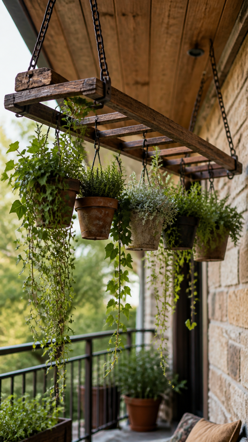 A weathered wooden ladder suspended horizontally from an outdoor balcony ceiling with chains