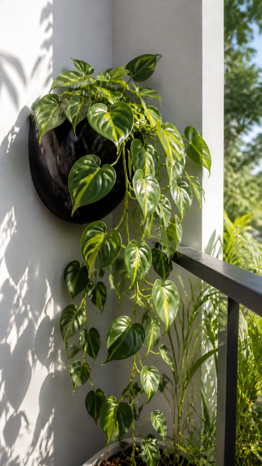 Heart-shaped leaves with lime-green center stripes of a Philodendron Brasil trailing from a dark ceramic pot mounted...