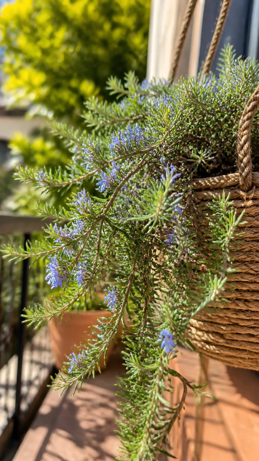 A prostrate trailing rosemary plant with small blue flowers and woody stems spilling out of a rustic jute rope sling...