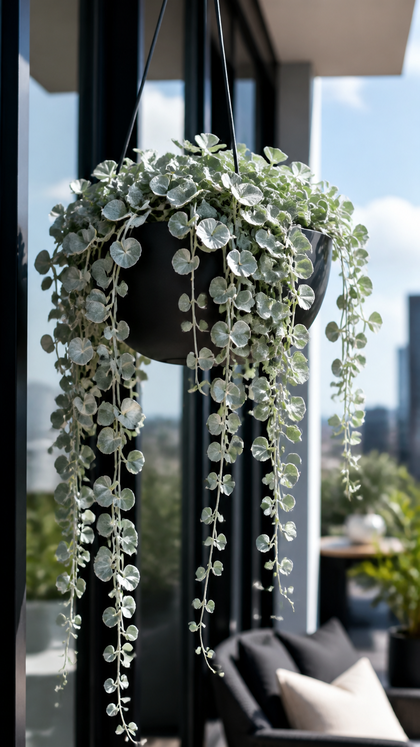 Shimmering silver foliage of Dichondra Silver Falls cascading like a waterfall from a matte black hanging bowl on a m...