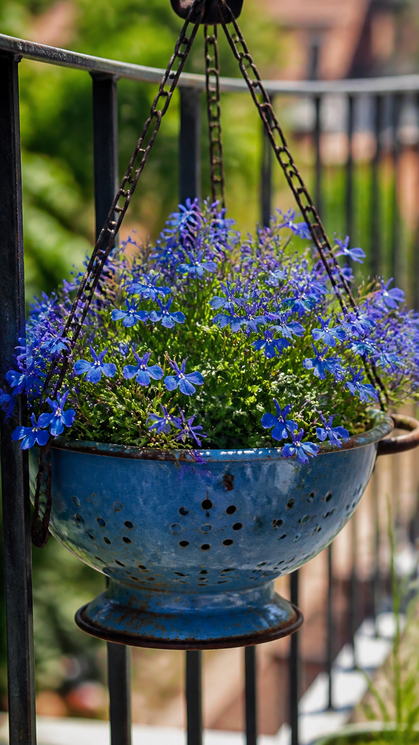 A vintage blue enameled kitchen colander used as a hanging planter filled with blooming deep-blue lobelia flowers on...