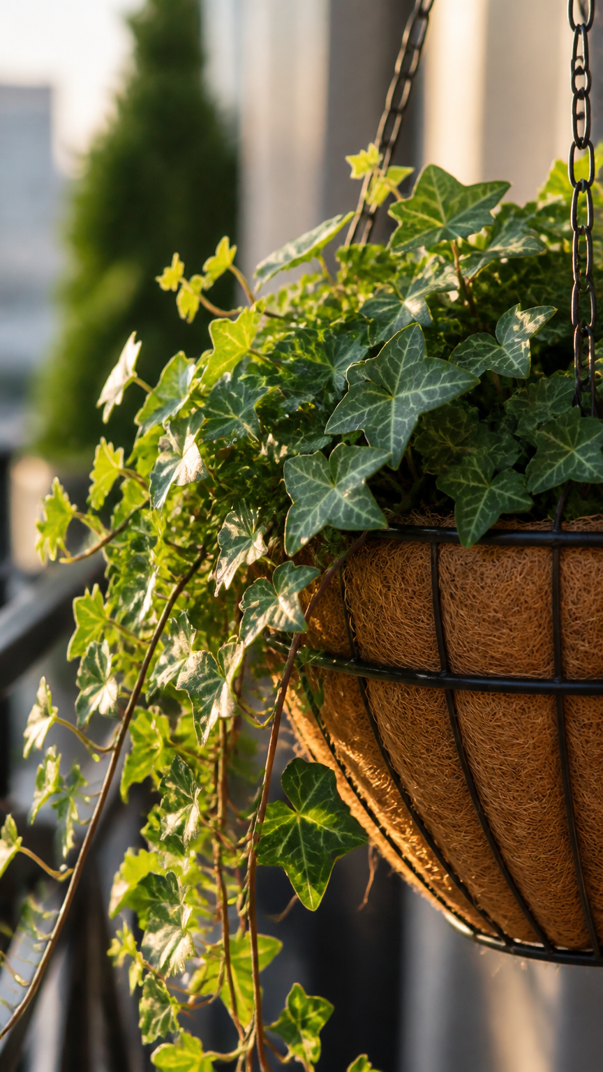 Close-up photograph of lush English ivy vines spilling over a natural coconut coir hanging basket on a bright apartme...