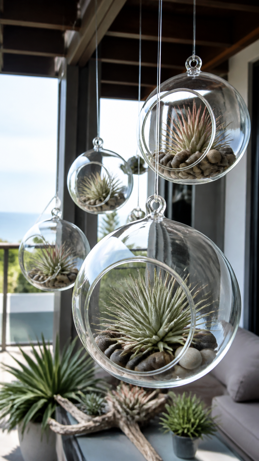 Glass terrarium globes hanging by clear fishing line on an outdoor covered balcony, containing sculptural tillandsia...