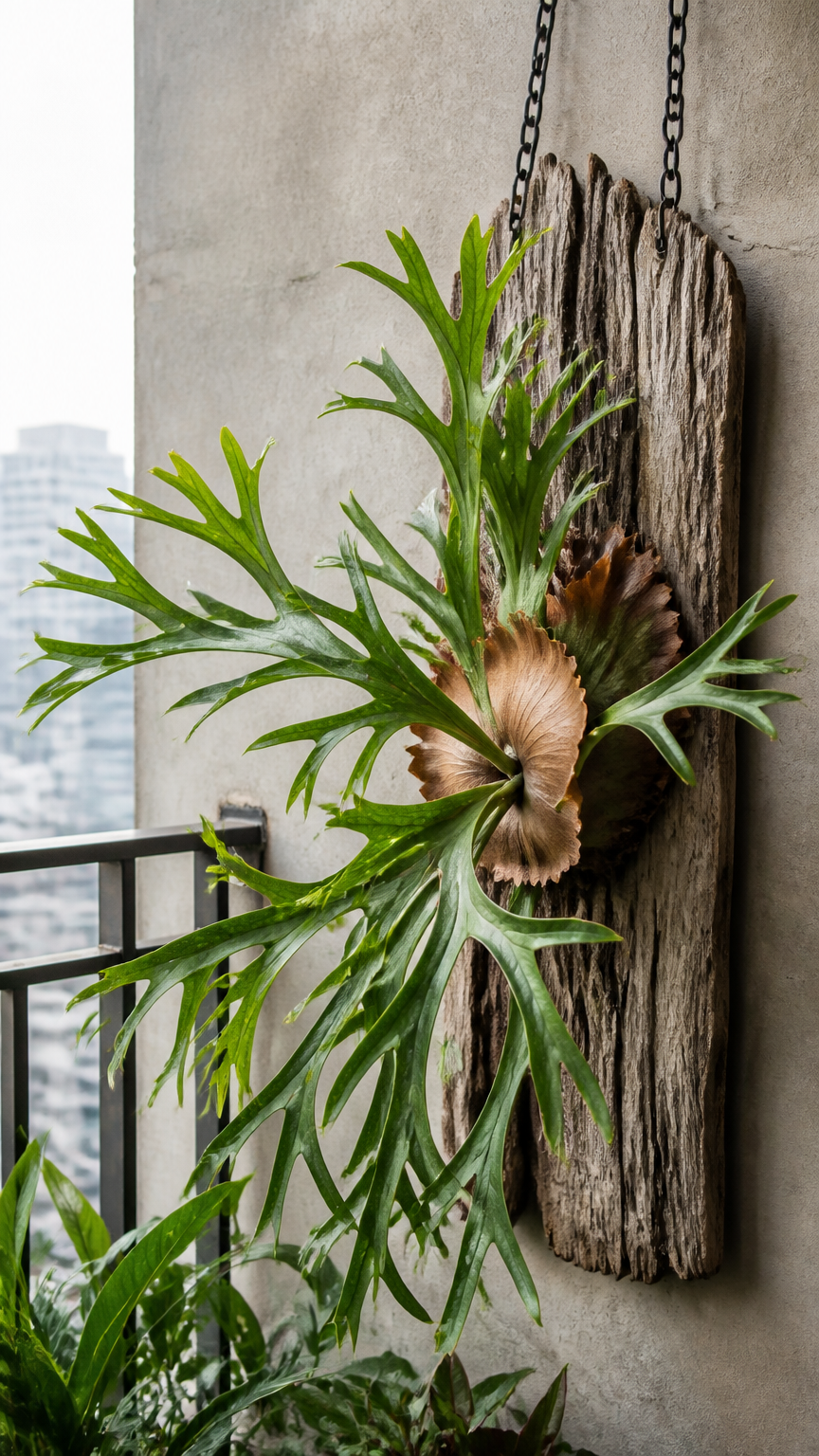 A dramatic staghorn fern mounted to a weathered cedar wood plaque suspended by chains against an urban balcony wall