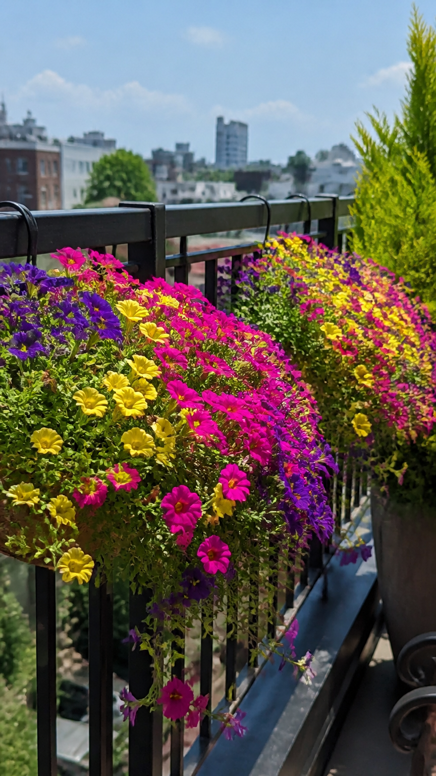 A sunny outdoor balcony showing colorful Calibrachoa flowers cascading from dark metal railing hangers