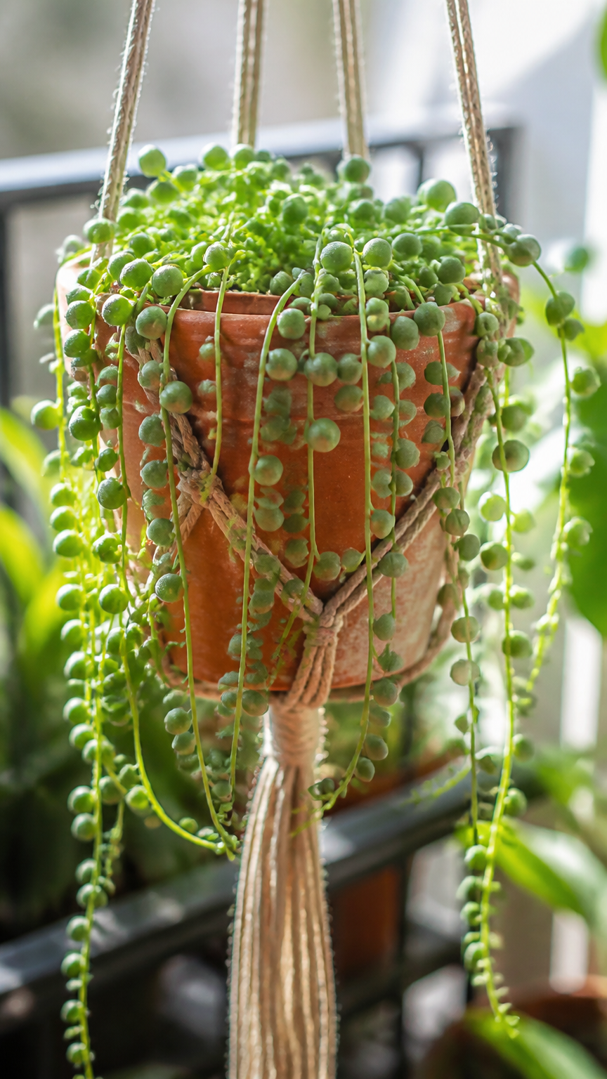 A macro photograph of a String of Pearls plant cascading out of a weathered terracotta pot suspended by macrame on a...