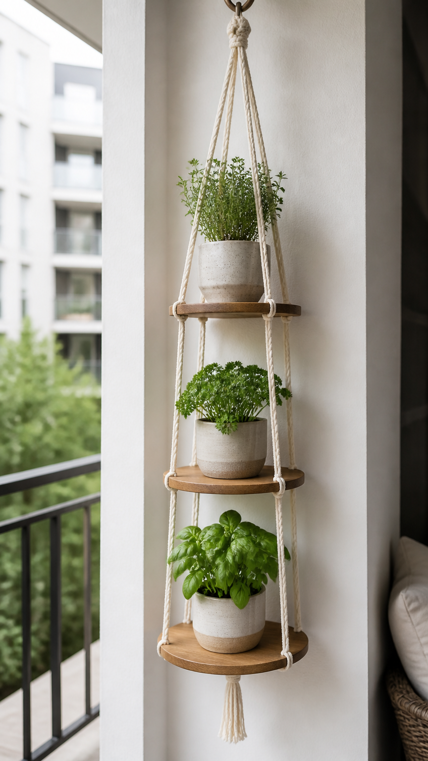 A vertical tiered hanging herb planter on a modern balcony