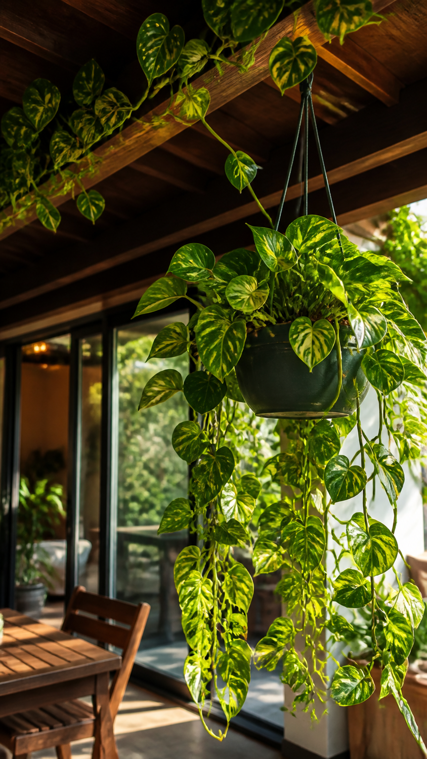 A lush golden pothos plant in a suspended hanging pot, its long leafy vines trailing along an overhead balcony timber...