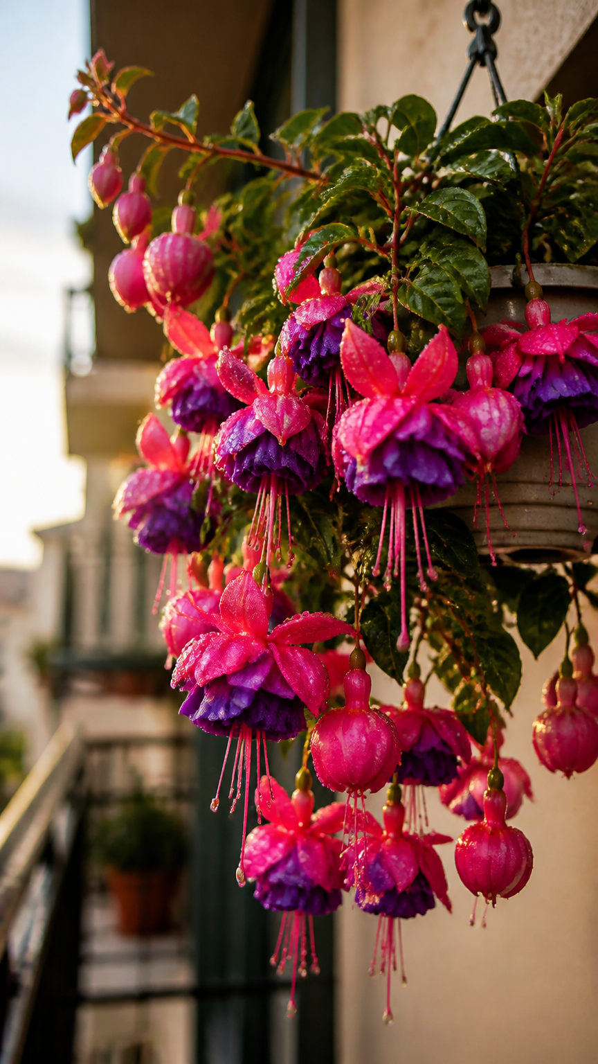 Spectacular trailing fuchsia with two-tone pink and purple flowers hanging down from an overhead apartment balcony hook