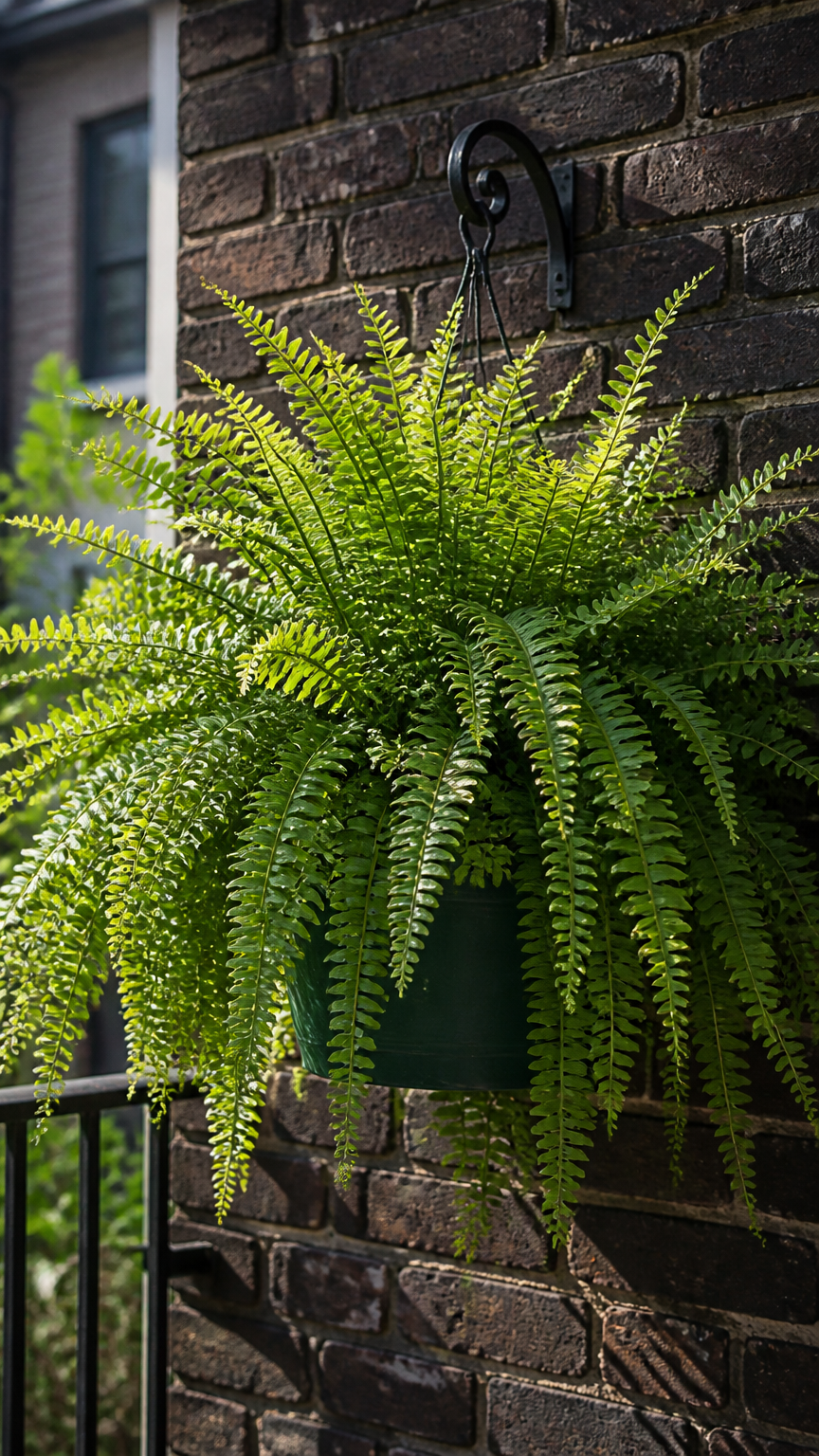 Full and bushy Boston fern in a dark green hanging planter hooked to a dark brick wall on an outdoor balcony