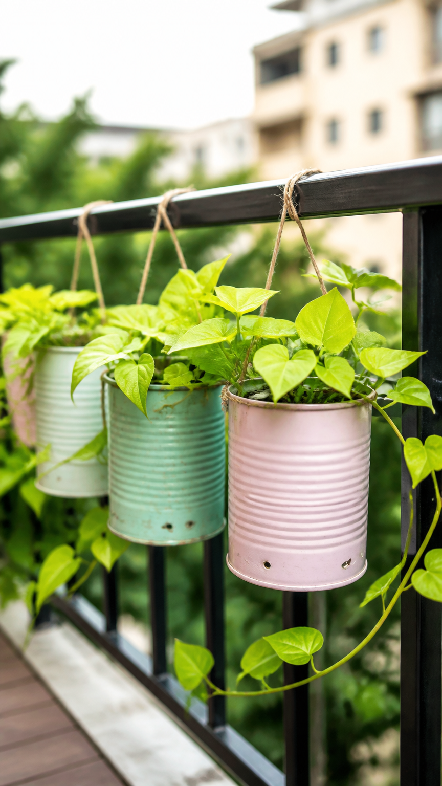 Upcycled vintage tin cans painted in pastel tones, drilled and hung with twine, supporting bright lime green sweet po...