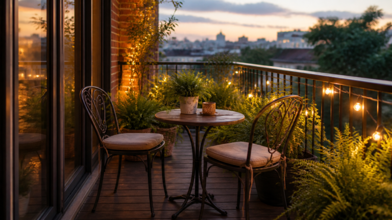 A high-end photograph of a cozy apartment balcony featuring a small bistro set with two metal chairs and a round wood...