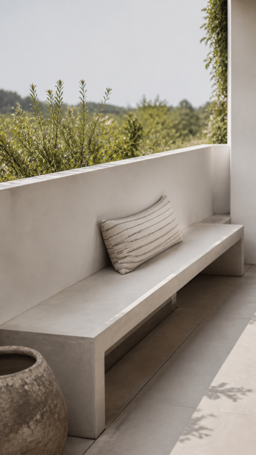 A high-end photograph of a long, minimalist concrete-look outdoor bench against a white balcony wall, styled with a s...