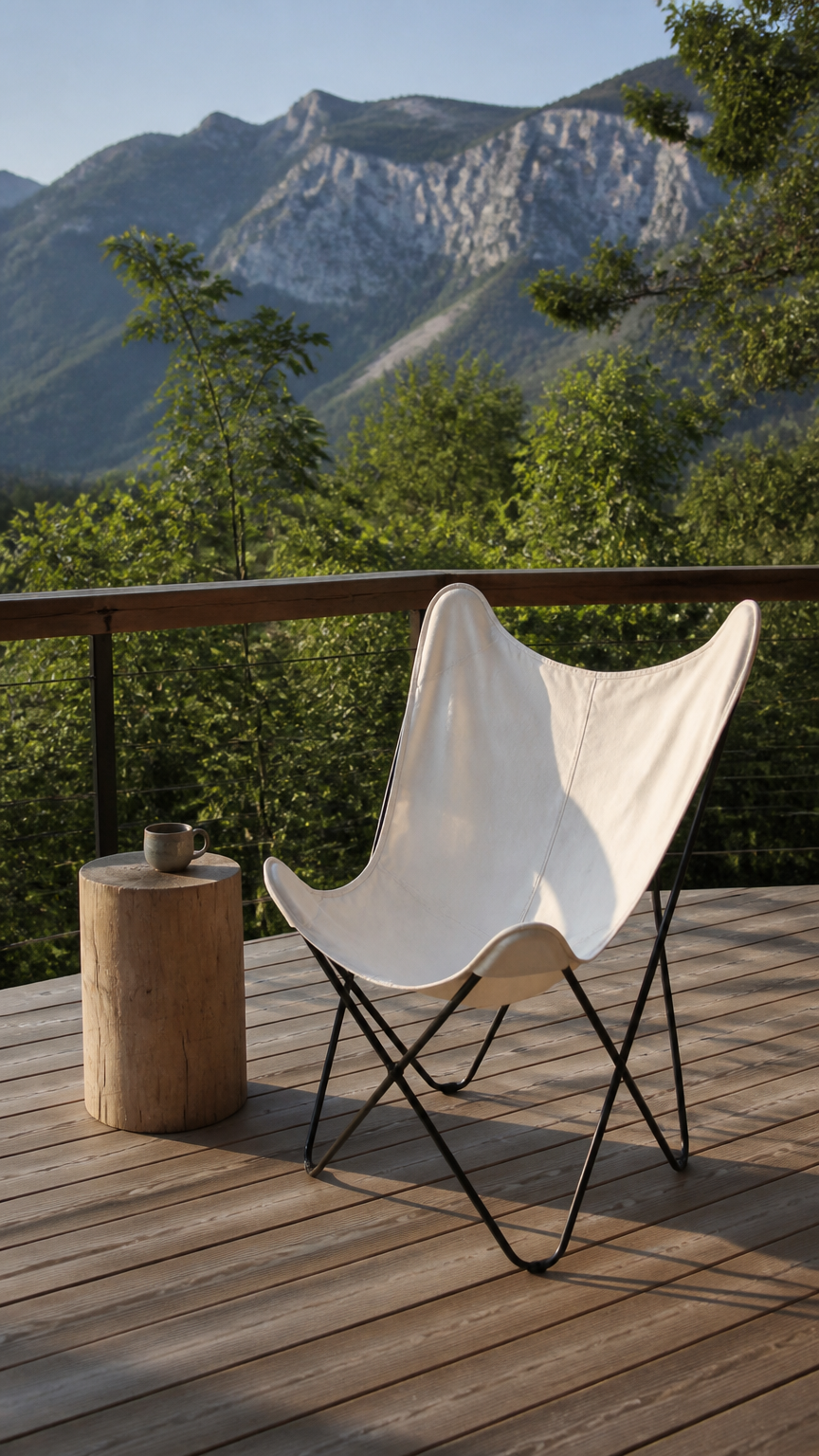 A high-end photograph of a canvas butterfly chair folded open on a wooden balcony deck, paired with a small stump sid...