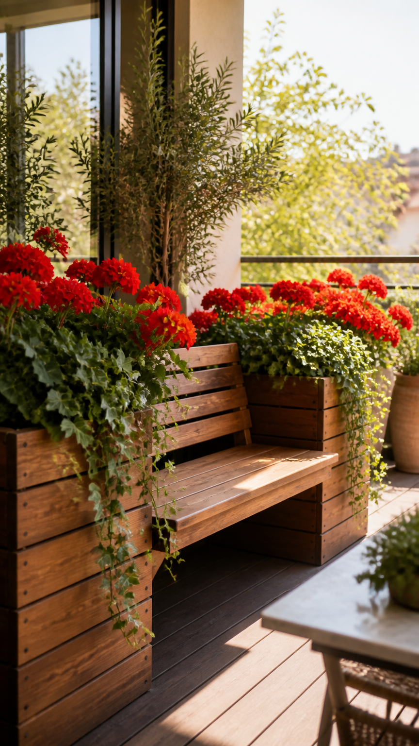 A high-end photograph of a wooden bench flanked by built-in planter boxes overflowing with bright red geraniums and t...