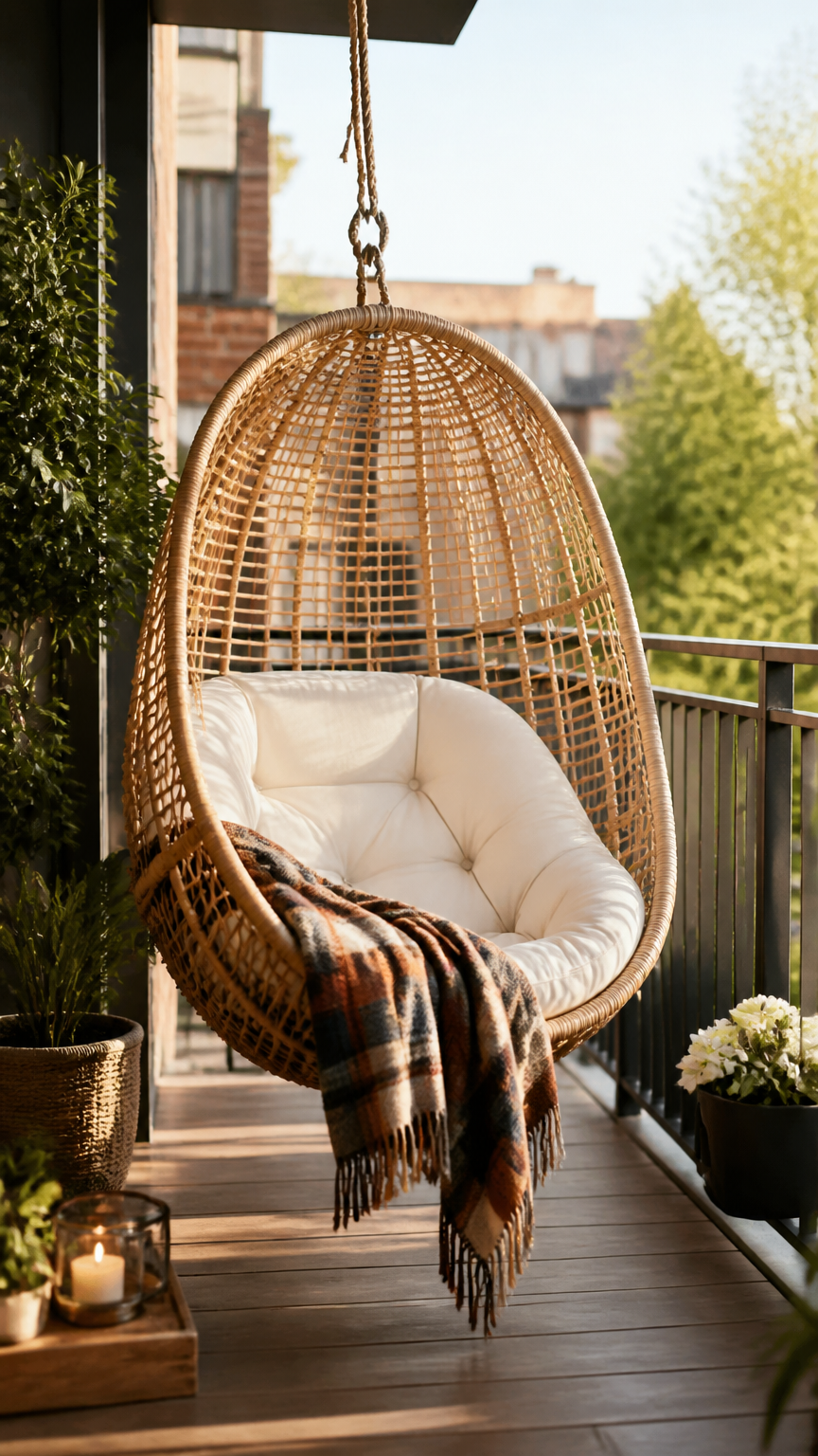 A high-end photograph of a rattan hanging pod chair swaying gently on a small balcony, featuring a plush white cushio...