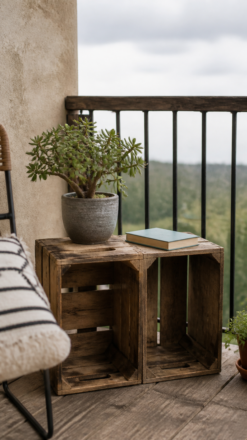 A high-end photograph of two wooden apple crates turned on their sides as a side table, topped with a potted succulen...