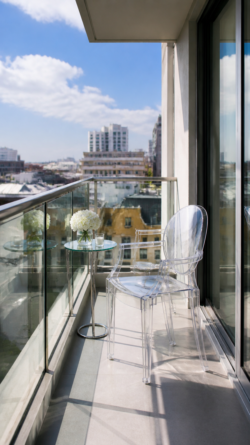 A high-end photograph of a clear acrylic ghost chair and a small glass side table on a narrow balcony, making the sma...