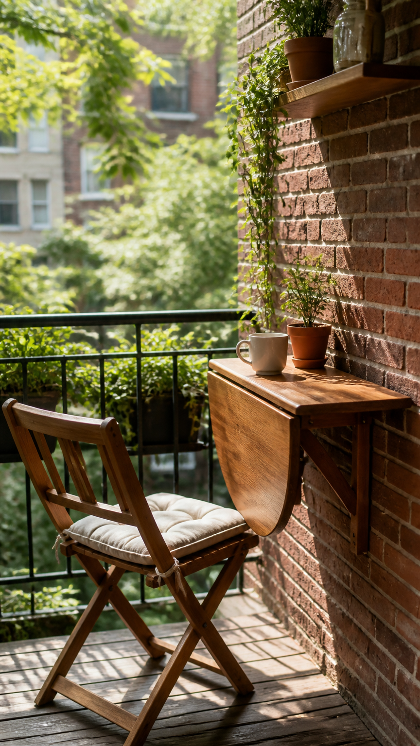A high-end photograph of a wooden drop-leaf table mounted against a brick balcony wall, paired with a single folding...