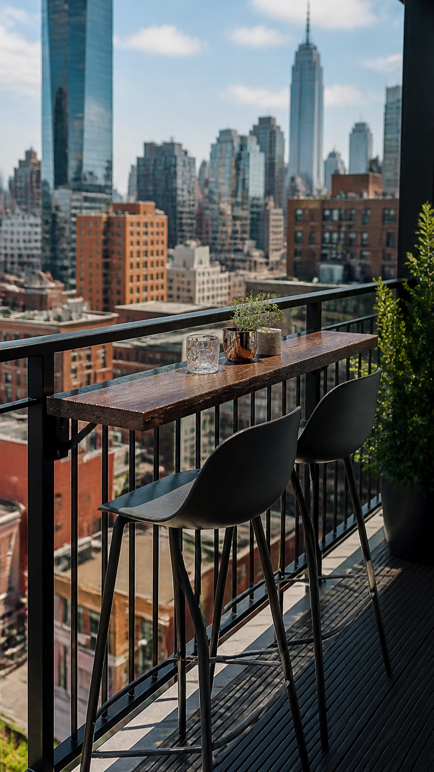 A high-end photograph of a narrow wooden bar top attached directly to a black metal balcony railing, featuring two mo...