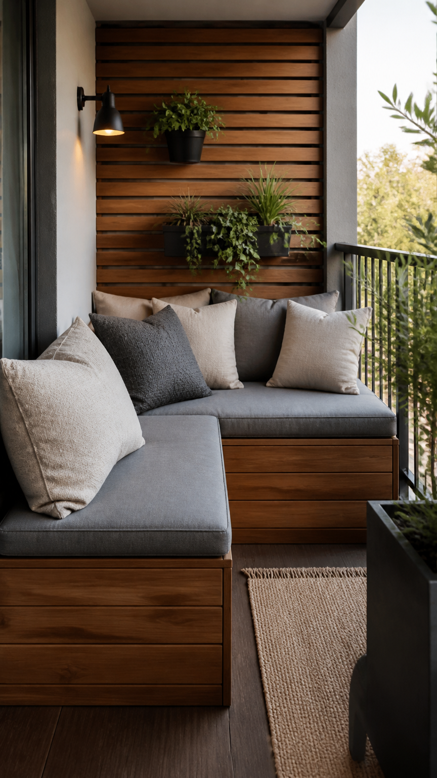A high-end photograph of a custom wooden corner bench fitted tightly into a small apartment balcony, topped with gray...