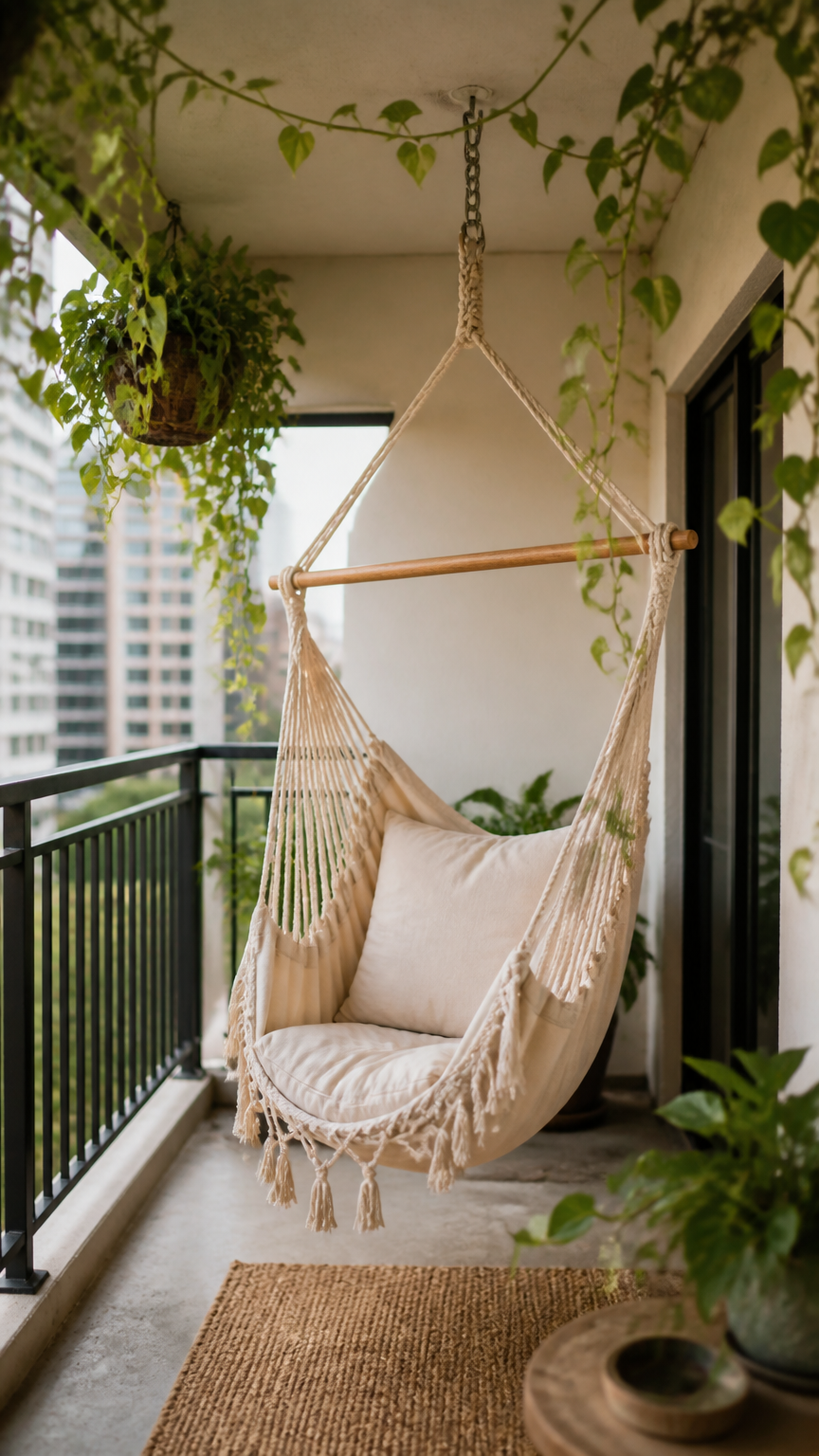 A high-end photograph of a canvas macrame hammock chair suspended from a secure ceiling hook on a covered apartment b...