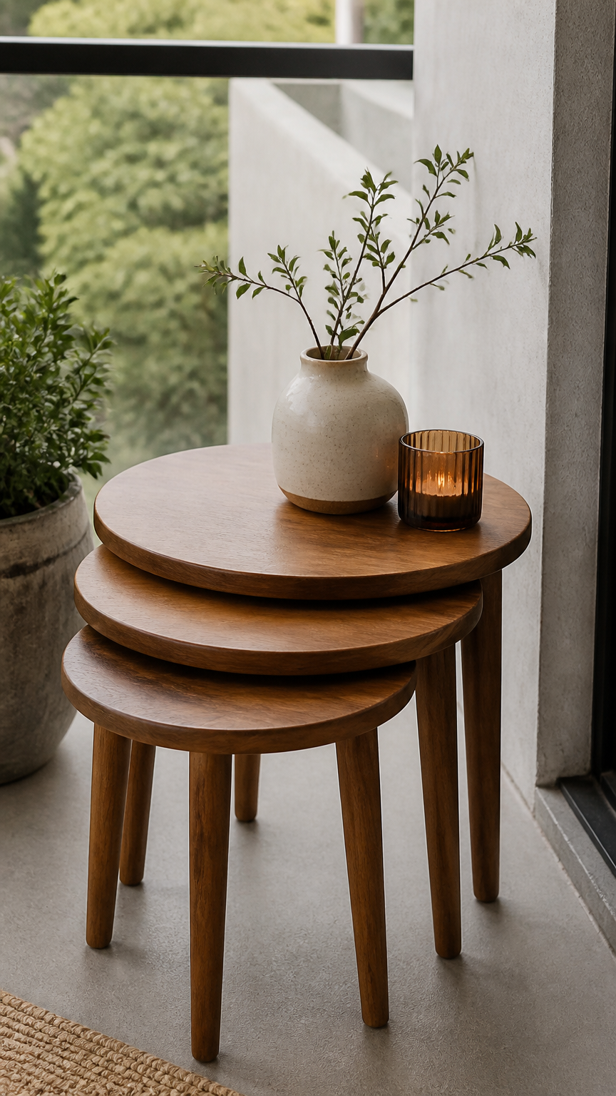 A high-end photograph of three round wooden nesting tables stacked together on a small concrete balcony, styled with...