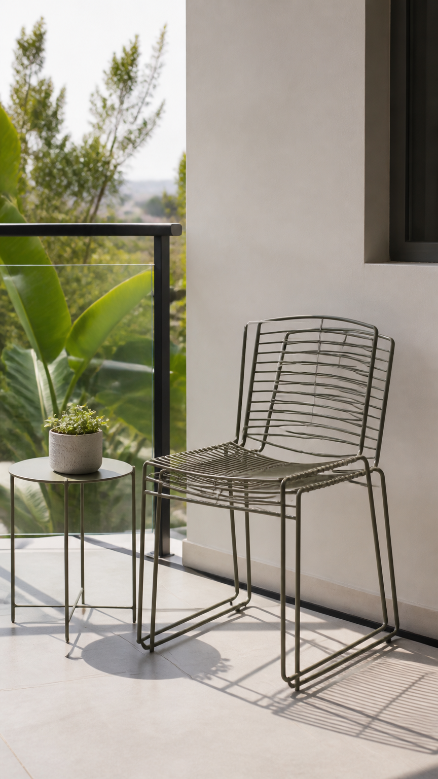 A high-end photograph of two lightweight wire-frame chairs stacked neatly beside a small round metal table on a brigh...