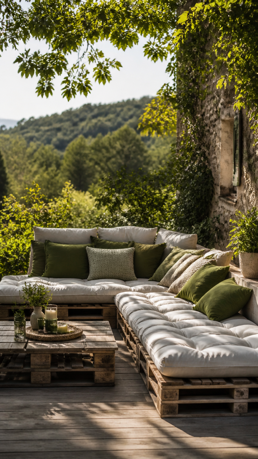 A high-end photograph of a low outdoor lounge area made from recycled wooden pallets, covered with thick white outdoo...