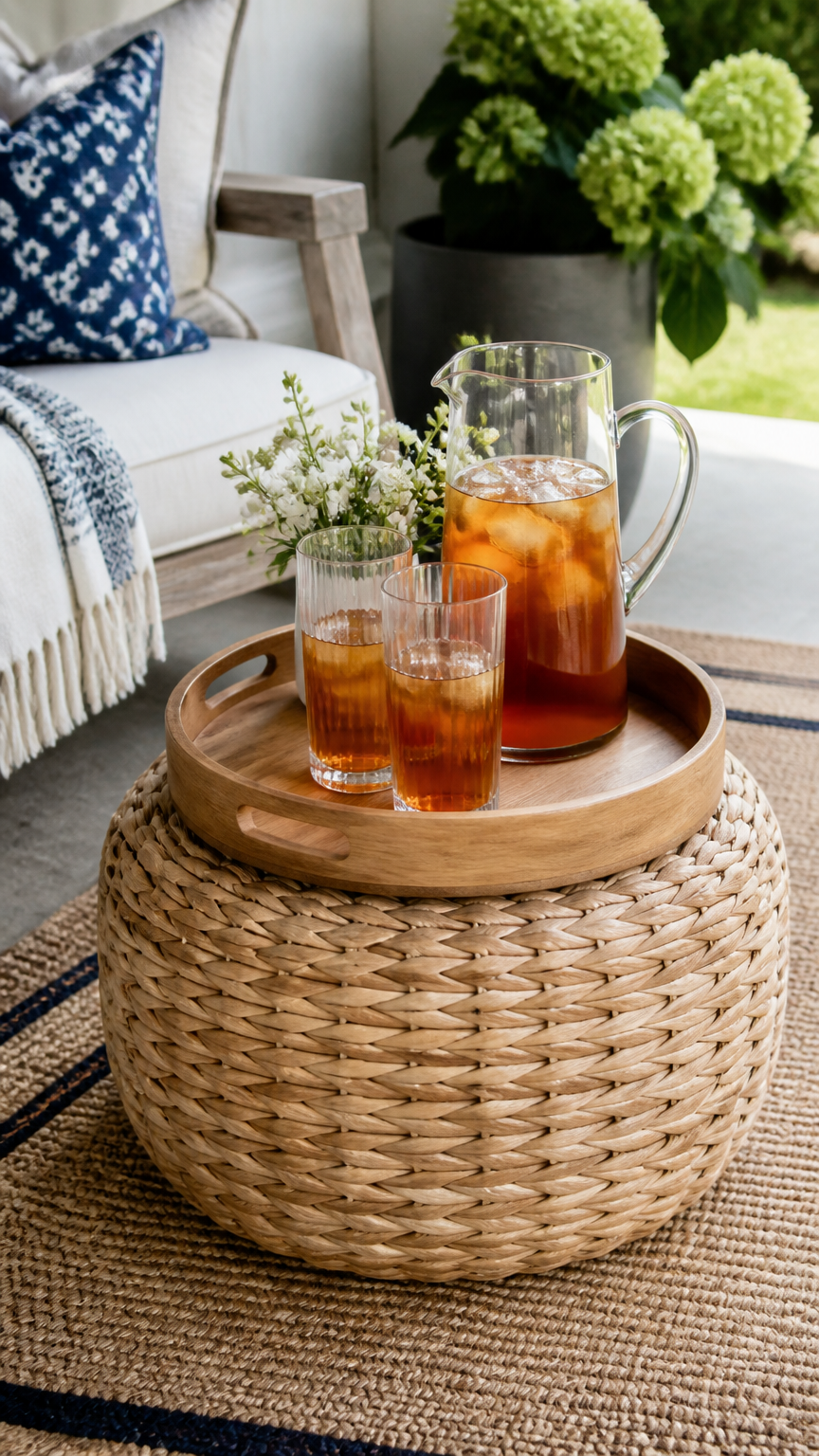 A high-end photograph of a woven wicker ottoman holding a wooden serving tray with iced tea and glasses, placed on a...