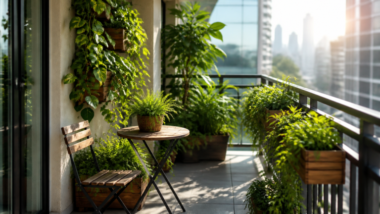 A high-end DSLR photograph of a sunlit small apartment balcony transformed into a lush green oasis, featuring cascadi...