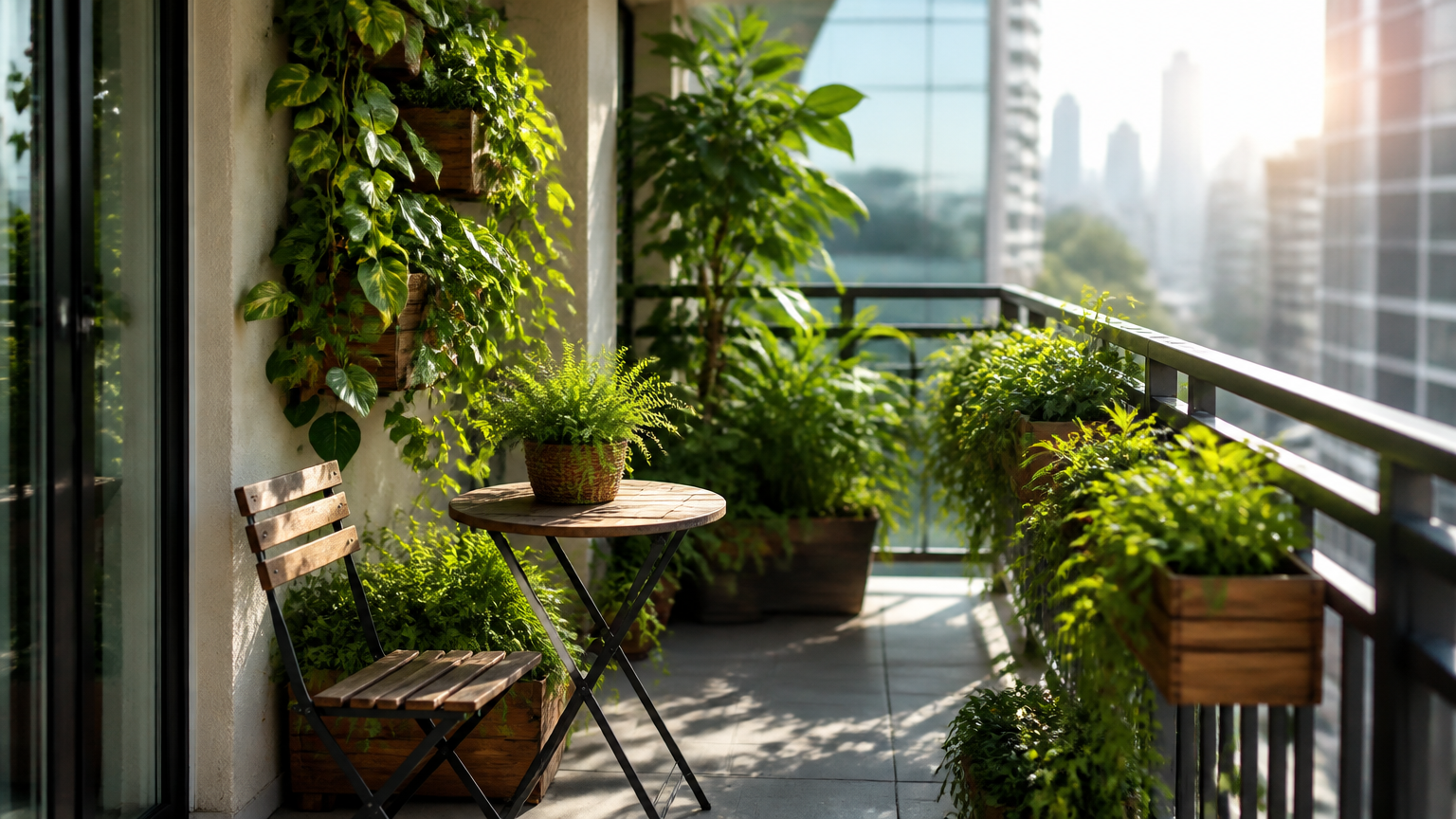 A high-end DSLR photograph of a sunlit small apartment balcony transformed into a lush green oasis, featuring cascadi...