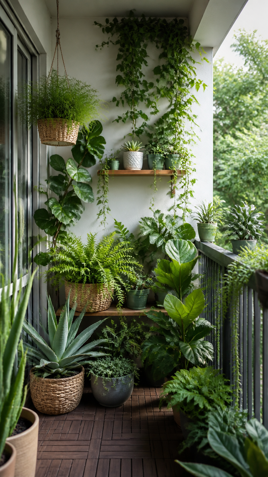 A crisp DSLR photograph of a small balcony filled exclusively with various shades of green foliage plants, from ferns...
